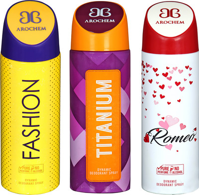 

AROCHEM FASHION , TITANIUM AND ROMEO DYNAMIC PURE ORIGINAL Deodorant Spray - For Men & Women(300 ml, Pack of 3)