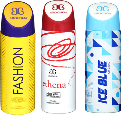 

AROCHEM FASHION , ETHENA AND ICE BLUE DYNAMIC PURE ORIGINAL Deodorant Spray - For Men & Women(200 ml, Pack of 3)