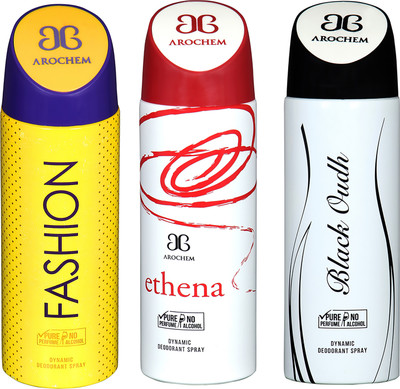 

AROCHEM FASHION , ETHENA AND BLACK OUDH DYNAMIC PURE ORIGINAL Deodorant Spray - For Men & Women(200 ml, Pack of 3)