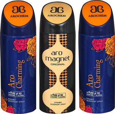 

AROCHEM ARO CHARMING , ARO MAGNET AND ARO CHARMING DYNAMIC PURE ORIGINAL Deodorant Spray - For Men & Women(200 ml, Pack of 3)