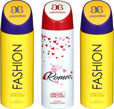 

AROCHEM FASHION , ROMEO AND FASHION DYNAMIC PURE ORIGINAL Deodorant Spray - For Men & Women(200 ml, Pack of 3)