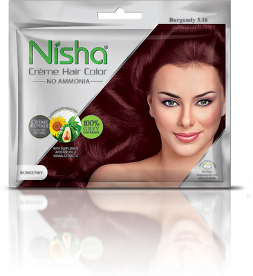 

Nisha creme Permanent hair color with sunflower avocado oil & henna extracts 100% grey coverage ultra-soft deep shine no ammonia (20 GM + 20 ML) Hair Color(BURGUNDY 3.16)