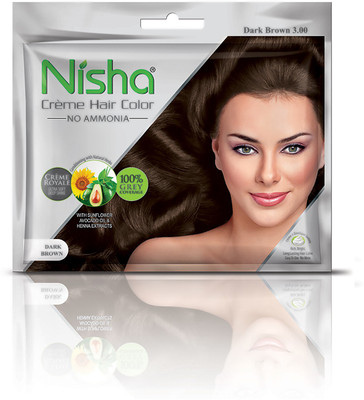 

Nisha creme Permanent hair color with sunflower avocado oil & henna extracts 100% grey coverage ultra-soft deep shine no ammonia (20 GM + 20 ML) Hair Color(DARK BROWN 3.0)