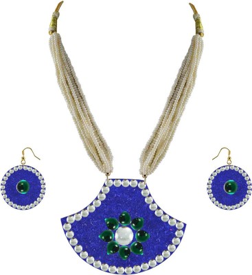 maya fashion Blue Kundun Stud Metal Pendant Set Crystal Rhodium Plated Brass Necklace