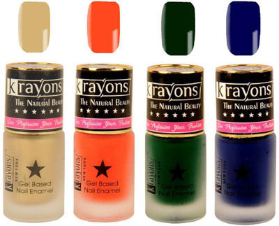 

KRAYONS Gel Base Velvet Super Matte Effect Nail Polish Enamel Color , 5ML Safe Dry Fast Collection For Women (GOLD RUSH,ORANGE TANGO,GARDEN FRESH/NATURAL MINT,BLUE ILLUSION) GOLD RUSH, ORANGE TANGO, GARDEN FRESH/NATURAL MINT, BLUE ILLUSION(Pack of 4)