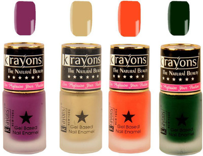 

KRAYONS Gel Base Velvet Super Matte Effect Nail Polish Enamel Color , 5ML Safe Dry Fast Collection For Women (PURPLE AURA,GOLD RUSH,ORANGE TANGO,GARDEN FRESH/NATURAL MINT) PURPLE AURA, GOLD RUSH, ORANGE TANGO, GARDEN FRESH/NATURAL MINT(Pack of 4)