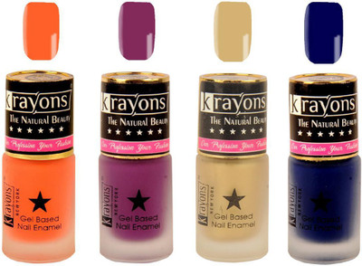 

KRAYONS Gel Base Velvet Super Matte Effect Nail Polish Enamel Color , 5ML Safe Dry Fast Collection For Women (SUGARED PEACH,PURPLE AURA,GOLD RUSH,BLUE ILLUSION) SUGARED PEACH, PURPLE AURA, GOLD RUSH, BLUE ILLUSION(Pack of 4)