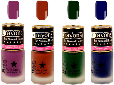 

KRAYONS Gel Base Velvet Super Matte Effect Nail Polish Enamel Color , 5ML Safe Dry Fast Collection For Women (PURPLE AURA,RICH CHOCLATE,GARDEN FRESH/NATURAL MINT,BLUE ILLUSION) PURPLE AURA, RICH CHOCLATE, GARDEN FRESH/NATURAL MINT, BLUE ILLUSION(Pack of 4