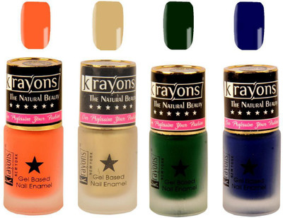 

KRAYONS Gel Base Velvet Super Matte Effect Nail Polish Enamel Color , 5ML Safe Dry Fast Collection For Women (SUGARED PEACH,GOLD RUSH,GARDEN FRESH/NATURAL MINT,BLUE ILLUSION) SUGARED PEACH, GOLD RUSH, GARDEN FRESH/NATURAL MINT, BLUE ILLUSION(Pack of 4)