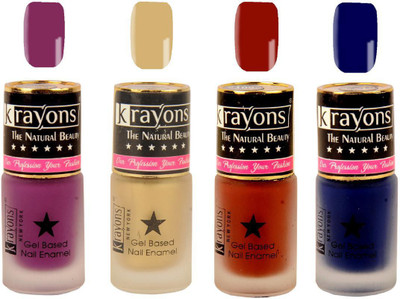 

KRAYONS Gel Base Velvet Super Matte Effect Nail Polish Enamel Color , 5ML Safe Dry Fast Collection For Women (PURPLE AURA,GOLD RUSH,CHOCOLATE MOCHA,BLUE ILLUSION) PURPLE AURA, GOLD RUSH, CHOCOLATE MOCHA, BLUE ILLUSION(Pack of 4)
