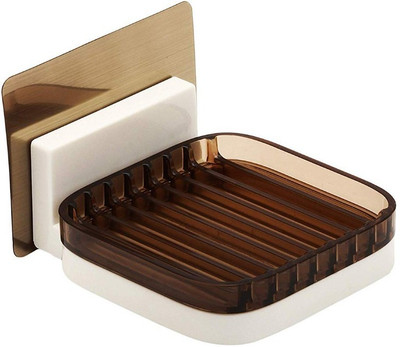 

Online World Plastic Magic Sticker Series Self Adhesive Square Soap Holder for Bathroom with Drip Stop Tray (Brown)(Brown)