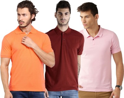 Galatea Solid Men Polo Neck Maroon, Pink, Orange T-Shirt