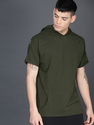 WROGN Solid Men Hooded Neck Green T-Shirt