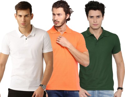 Galatea Solid Men Polo Neck White, Green, Orange T-Shirt