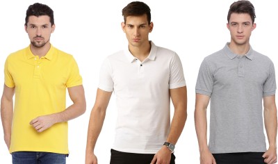 Galatea Solid Men Polo Neck White, Grey, Yellow T-Shirt