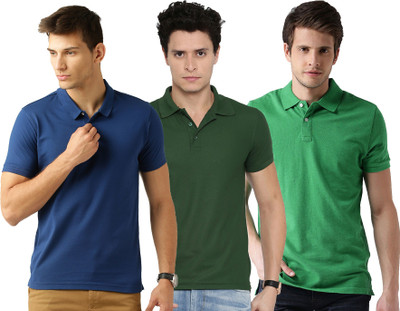 Galatea Solid Men Polo Neck Dark Blue, Green T-Shirt