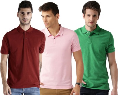 Galatea Solid Men Polo Neck Green, Maroon, Pink T-Shirt