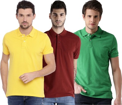 Galatea Solid Men Polo Neck Green, Maroon, Yellow T-Shirt