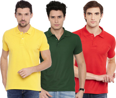 Galatea Solid Men Polo Neck Red, Green, Yellow T-Shirt
