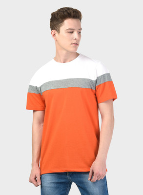KALT Striped Men Round Neck Orange T-Shirt