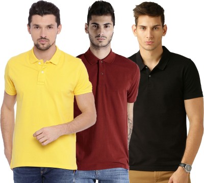 Galatea Solid Men Polo Neck Maroon, Black, Yellow T-Shirt