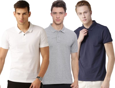 Galatea Solid Men Polo Neck White, Blue, Grey T-Shirt