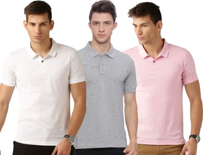 Galatea Solid Men Polo Neck White, Pink, Grey T-Shirt