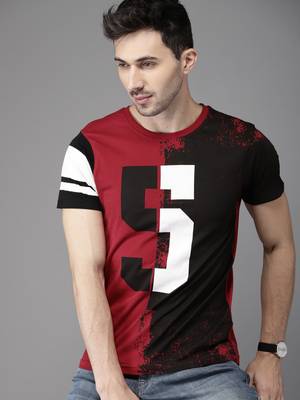HERE&NOW Printed Men Round Neck Maroon, Black T-Shirt