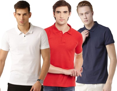 Galatea Solid Men Polo Neck Red, White, Blue T-Shirt