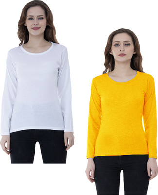 IndiWeaves Solid Women Round Neck White, Yellow T-Shirt