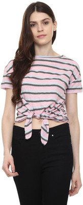 People Casual Regular Sleeve Striped Women Pink Top