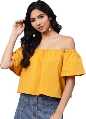 STREET9 Casual Flared Sleeve Solid Women Yellow Top