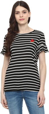 People Casual Short Sleeve Striped Women Black Top