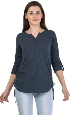 KALT Casual 3/4 Sleeve Solid Women Dark Blue Top