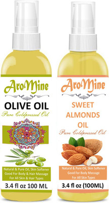 

AroMine 100% Organic Premium Cold Pressed Extra Light Virgin Olive Oil & Sweet almond oil For Hair Growth Therapeutic Grade For Face, Hair and Skin (100ml) Hair Oil-Pack of-2-Bottle(200ml) Hair Oil(200 g)