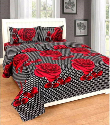 Panipat Textile Hub 144 TC Microfiber Double 3D Printed Fitted & Flat Bedsheet(Pack of 1, Red)