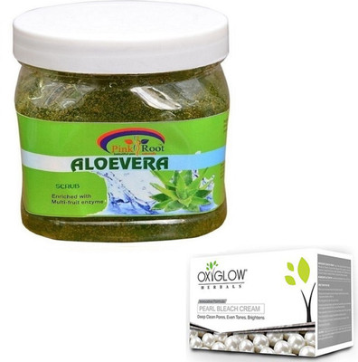

Pink Root ALOEVERA GEL SCRUB 500GM WITH OXYGLOW PEARL BLEACH 50GM(Set of 2)