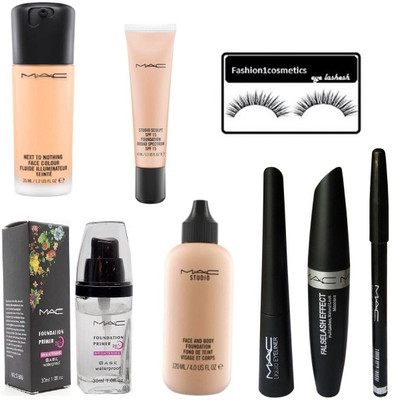 

FASHION1COSMETICS Face foundation primer,next to nothing face color,studio face and body foundation,studio sculpt foundation,eyeliner,mascara,kajal combo with eyelashes(Set of 8)