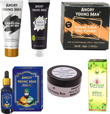 

Angry Young Man Face Cream, Beard Oil (30ml), Hair Wax, Charcoal Face Wash & Peel off Mask (50 Gram) and Hair Oil 100 ML(Set of 6)