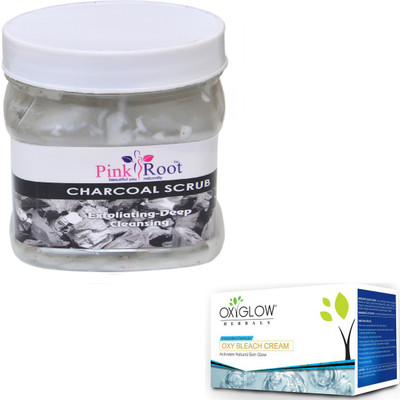 

Pink Root CHARCOAL SCRUB 500GM WITH OXYGLOW OXY BLEACH 50GM(Set of 2)