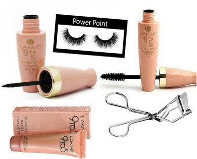 

powerpoint Eyelashes Curler, Lakme 9to5 Mousse Foundaation, Eyeliner, Mascara(Set of 5)