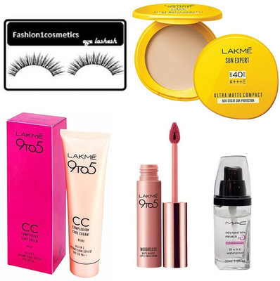 

FASHION1COSMETICS combo kit of eyelashes compact,liquid matte lipstick ,face foundation primer, 9to5 complexion care cream(Set of 5)