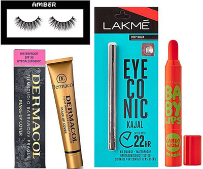 

Amber Eyelashes, Dermacol make up cover foundation, Lakme eye conic kajal, Maybelline candy wow lip balm(Set of 4)