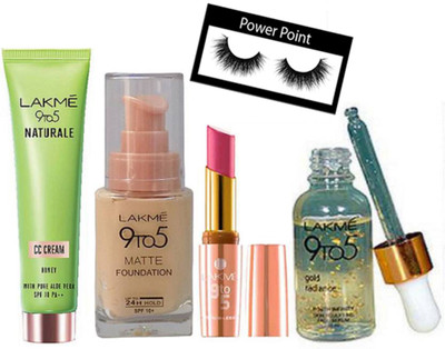 

powerpoint Eyelashes & Lakme 9 to 5 Matte Foundation & Naturale CC Cream & Gold Radiance Face Serum & Lipstick(Set of 5)