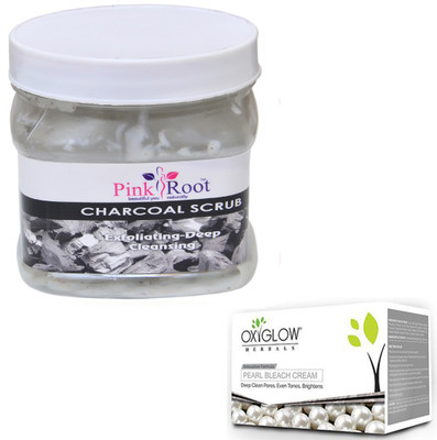 

Pink Root CHARCOAL SCRUB 500GM WITH OXYGLOW PEARL BLEACH 50GM(Set of 2)