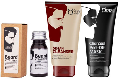 QRAA BEARD VITALIZER 30ML + + D-TAN CLEANSER FOR MEN 100GM + CHARCOAL PEEL OFF MASK 50GM(Set of 3)