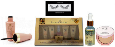 

luxurious Eyelashes & Lakme 9 to 5 gold Face Serum & Compact & Mascara & shahnaz husain gold facial kit(Set of 6)