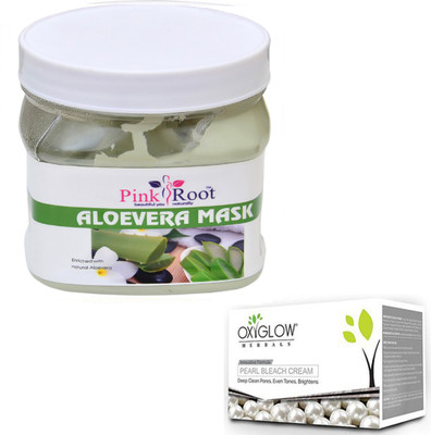 

Pink Root ALOEVERA MASK 500GM WITH OXYGLOW PEARL BLEACH 50GM(Set of 2)
