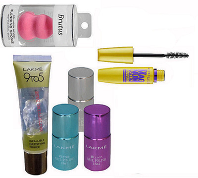 

brutus Spongy puff, Maybelline the mag num mascara, infallible mattifying primer, mirror nail paint (pack of 3)(Set of 6)