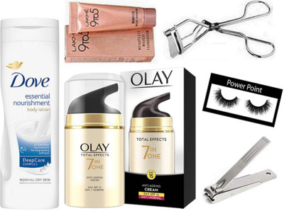 

powerpoint Eyelashes & Dove Essential Nourishment Body Lotion,Olay Total Effect 7 in 1 Day Cream,Lakme 9to5 Mousse cream,Eyelashes Curler With Nail Cuter(Set of 6)